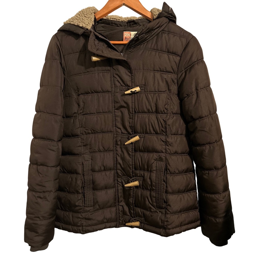 RH Ruff Hewn Brown‎ Button/Zip Puffer Coat Removable Hood Women's Size Medium